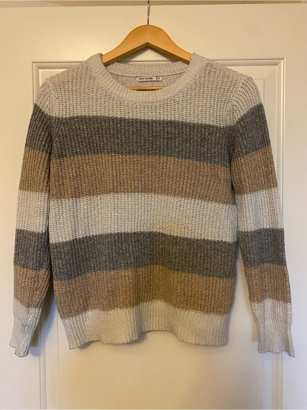 Pink Clover Striped Crewneck Sweater in Cream, Gray & Tan